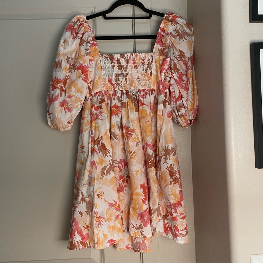 Ruched Bodice Puff Sleeve Mini Dress - color: pink and orange floral, size: XS - Picture 2 of 2